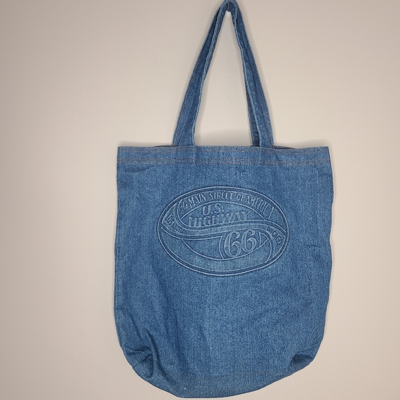 Vintage Blue Denim Jean Tote Shoulder Bag Route 66 Made‎ in USA - Picture 1 of 7